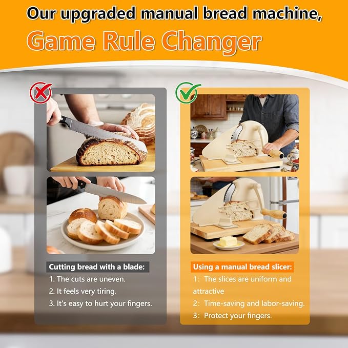 𝐔𝐩𝐠𝐫𝐚𝐝𝐞 Bread Slicer, Manual Bread Slicers with Hand Crank,Sourdough Slicer Manual Adjustable Width,Stainless Steel Blade Metal Guide Rail,Bread Slicer for Homemade Bread, 10 Years Warranty