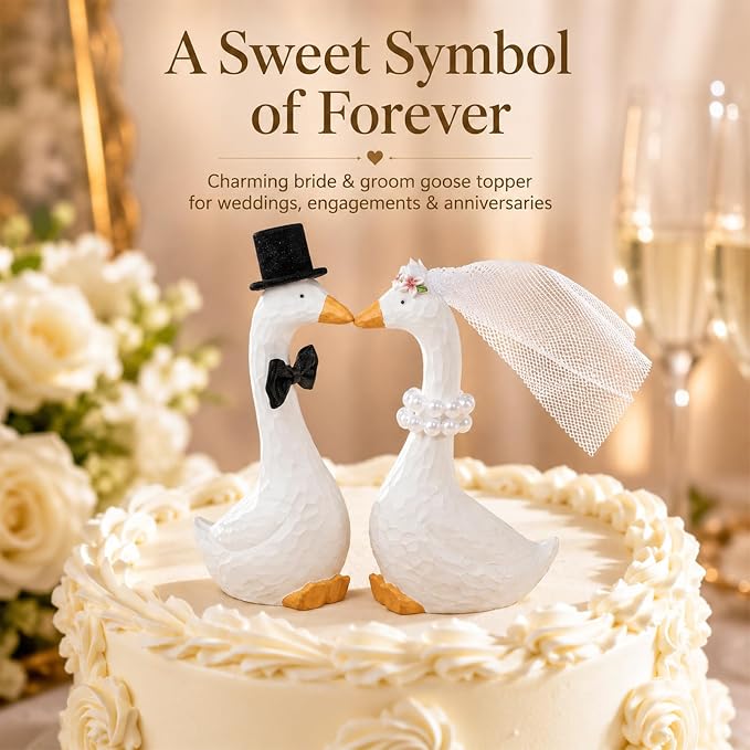 Silly Goose Wedding Cake Topper, Funny Bride and Groom Goose Decorations, Heart-Shaped Neck Couple Figurines for Wedding Cake, Engagement, Anniversary, Bridal Shower Decor