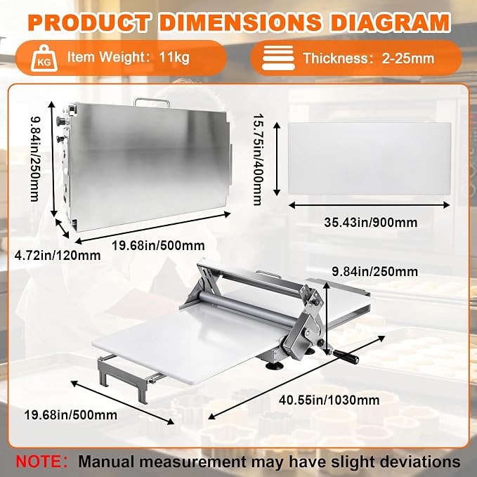 15.5" Folding Dough Sheeter, Manual Dough Roller Machine, Stainless Steel Adjustable Thickness 2-25mm, Countertop Dough Sheeter for Home and Commercial Use