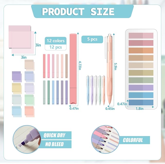 Jutom 39 Pcs Aesthetic Book Annotation Kit Highlighter with Case Bag Gel Pen Transparent Sticky Note Taking Bible Supplies(Light Blue,Classic Style)