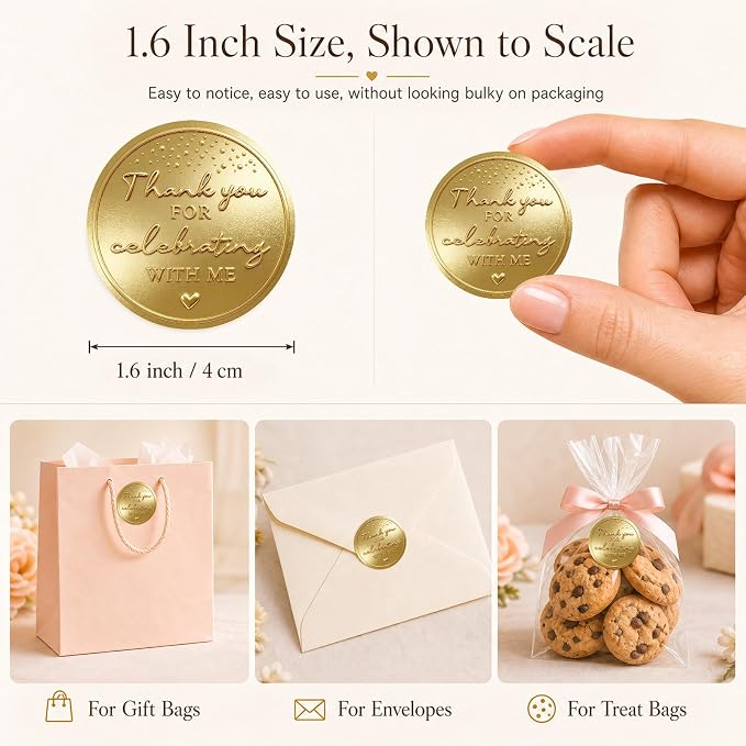 100PCS Thank You for Celebrating with Me Stickers, Embossed Matte Gold Party Favor Labels for Birthday, Baby Shower, Bridal Shower, Graduation & Gift Bag Packaging 1.6 Inch