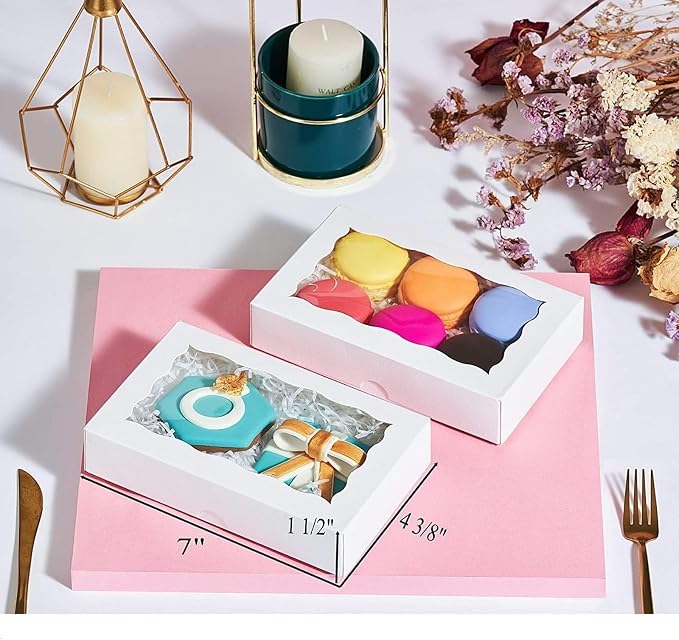 White Rectangular 7"X4.3"X1.5" Dishwasher Safe Clear Window Pastry Boxes - 100 Count for Cookies, Macarons, Donuts, Cakes