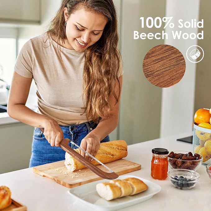 Bow Bread Knife for Homemade Sourdough, 15.7" Adjustable Stainless Steel Serrated Bread Slicer, Thickened Ergonomic Beech Wood Fiddle Bow Knife for Bagels, Baguettes and Cakes