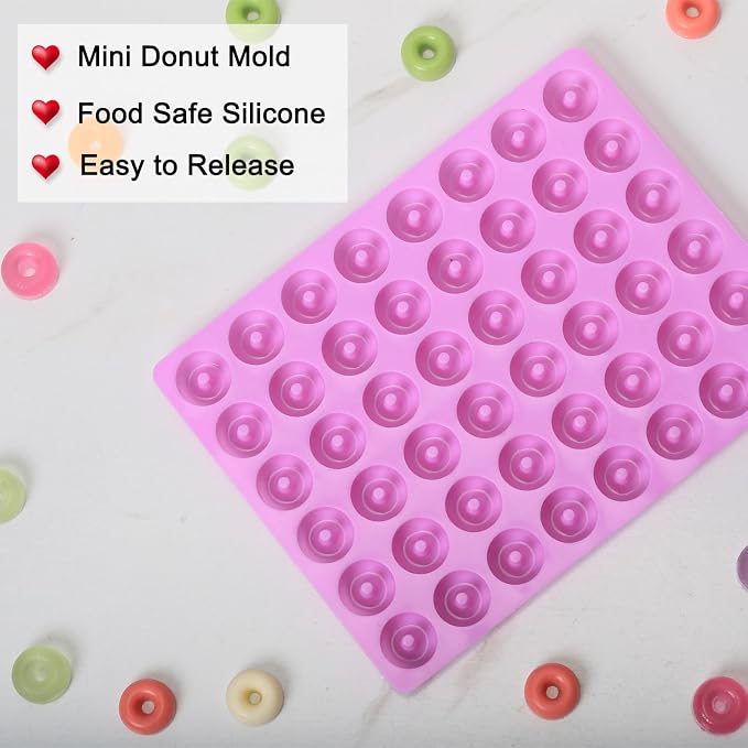 Mini Donut Silicone Mold, 48 Cavities Donut Molds for Chocolate Candy Gummy, Food Grade Silicone Mini Doughnut Molding Trays for Homemade Mint/Snacks/Cake Décor, 2 PCS
