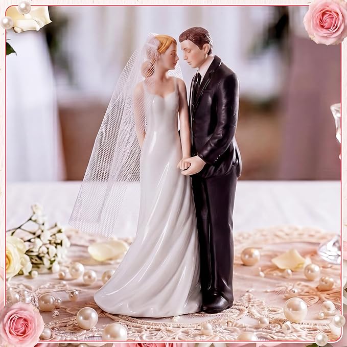 Remerry 4.5" Wedding Bride and Groom Cake Topper Vintage Elegant Wedding Cake Topper Couple Figurine Novios Para Pastel for Engagement Romantic Funny Couple Statue Anniversary(Gentle Lean,White)
