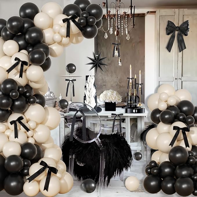 Black and Sand White Balloon Arch Kit 141 Pcs Coquette Birthday Decorations Include Balloons and Black Bow for Wedding Baby Shower Gender Reveal Bow Birthday Decorations