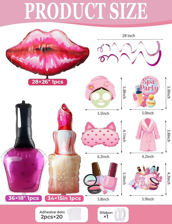 57 Pcs Spa Party Decorations, Pink and White Spa Party Balloons with SPA PARTY Foil Letters, Lipstick, Nail Polish, Heart Foil Balloons and Hanging Swirls for Girls Birthday Pamper Party