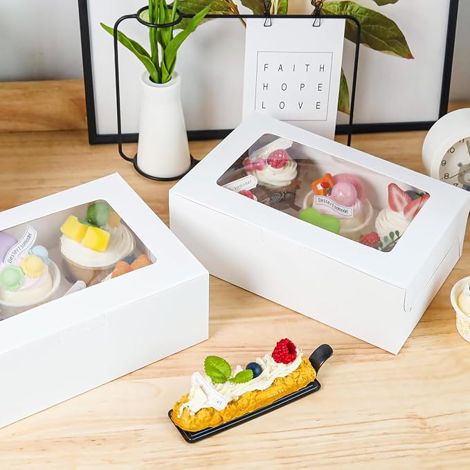 NPLUX 6 Pack Cupcake Boxes with Inserts 6 Holders, White Standard Bakery Boxes with Window Food Grade Cupcake Containers 6 Count for Muffins