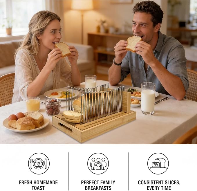 Bamboo Bread Slicer for Homemade Bread | Adjustable Width, Stainless Steel Slicing Guides, Crumb Tray, For Sourdough, Cakes, Loaves, Bagels