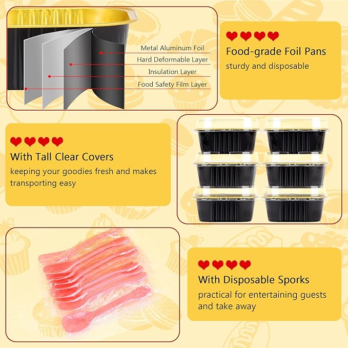 LNYZQUS 10oz Mini Cake Pans with Lids 25 Pack,4”x4” Foil Small Cake Tins Baking Cups for Brownie Bread, Disposable Muffin Pan Individual Cupcake Containers for Halloween Baking Gifts-Black