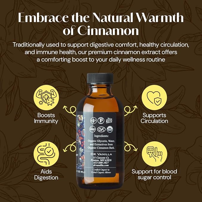 Organic Cinnamon Extract, 4 fl oz - 100% natural, sugar‑free, GMO‑free, gluten‑free, vegan, paleo, keto, kosher, and halal
