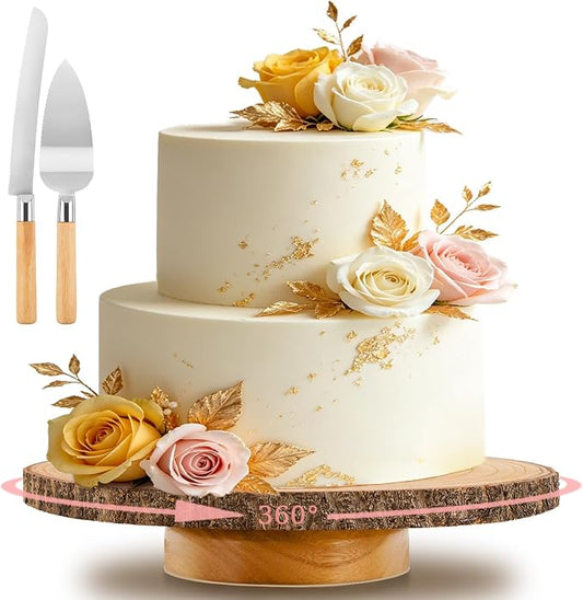 Rotating Wooden Cake Stand, 12 Inch Rustic Cake Display Stand with Cake Cutting Knife & Server Set, Round Dessert Serving Tray for Wedding, Birthday, Bridal Shower, Baby Shower & Holiday Party Decor