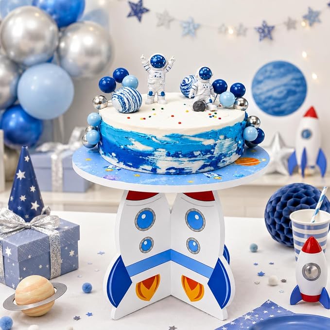 Rocket Cake Stand, 3D PVC Space Theme Dessert Display Stand for Birthday Party, Baby Shower and Outer Space Decorations, Cake Holder for Cupcakes, Cakes and Sweets