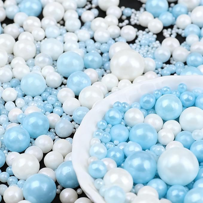 Blue White Pearl Sprinkles for Cake Decorating, 6 Sizes Mix 4.6 oz Edible Pearls Sugar Cake Sprinkles for Ice Cream Baking Cupcake Cookies Dessert
