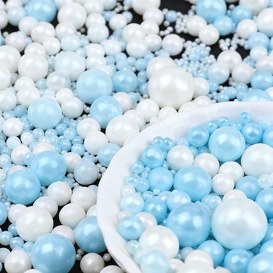 Blue White Pearl Sprinkles for Cake Decorating, 6 Sizes Mix 4.6 oz Edible Pearls Sugar Cake Sprinkles for Ice Cream Baking Cupcake Cookies Dessert