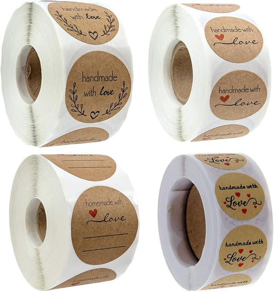 Handmade Stickers Rolls - 4 Rolls 2000 Pieces Handmade with Love Stickers Labels for Envelopes, Bubble Mailers Gift Bags Packaging Party Wrap Decor, 1 Inch，500 Pieces Each Roll