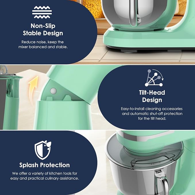 Plum chef 5.5QT Electric Stand Mixer, 12-Speed Tilt-Head Food Mixer, Dough Mixer with Dishwasher Safe Stainless Steel Bowls, Dough Hook, Flat Beater, Whisk, Perfect for 4-6 Family,Green