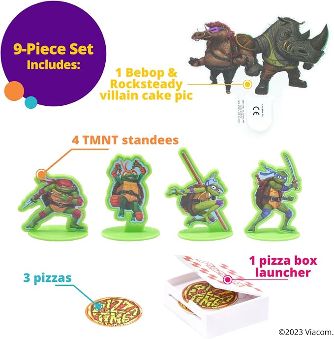 DecoSet® Teenage Mutant Ninja Turtles™ Pizza Power Cake Topper, 6-Piece Cake Decoration With Turtle Figurines, Cake Pic, And Pizza Launcher ! | For Birthday, Parties, Celebration