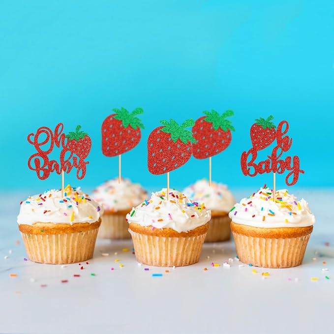 24 Pack Strawberry Oh Baby Cupcake Toppers Glitter Red Strawberries Cupcake Picks for Strawberry Baby Gender Reveal Kids Boys Girls Birthday Party Cake Decoration Supplies