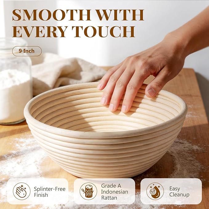 BAVIFY Sourdough Starter Kit, Banneton Bread Proofing Baskets Set, Sourdough Bread Baking Supplies Making Tools with 9 Inch Round Rattan Sourdough Basket, Linen Liner, 2 Round Baskets Set