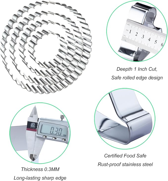 Fluted Round Cookie Cutter Set - 5 Inch, 4 Inch, 3 Inch, 2 Inch - Large Donut Cutter Ring Scalloped Edge Wavy Circle Cookie Cutters Shapes Clay Molds - Stainless Steel