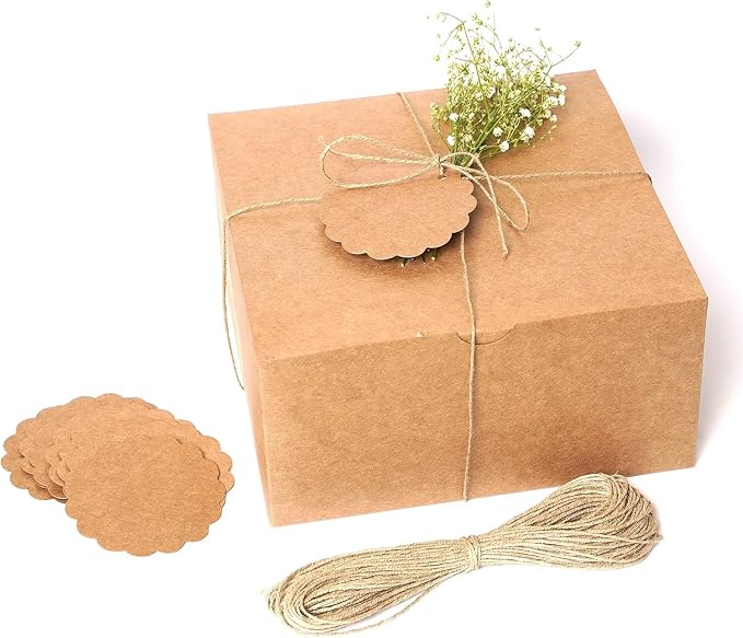 mudrit Kraft Gift Boxes 20 Pack 8x8x4 Inches, Thick Kraft Paper Boxes with Lids, Tags & Jute Rope for Gifts, Wedding Favours, Bridesmaid Proposals, Cupcakes, Crafting
