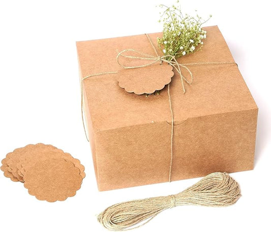 mudrit Kraft Gift Boxes 20 Pack 8x8x4 Inches, Thick Kraft Paper Boxes with Lids, Tags & Jute Rope for Gifts, Wedding Favours, Bridesmaid Proposals, Cupcakes, Crafting