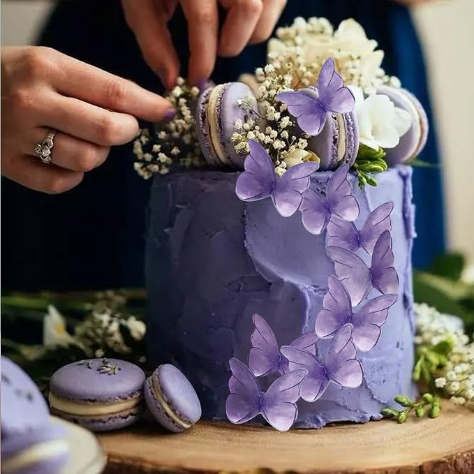 52 pcs edible wafer paper butterfly cake decoration, Cupcake topper multicolor butterfly decorative paper suitable for weddings birthdays Christmas cocktails (Watercolor purple)