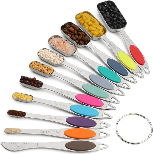Magnetic Measuring Spoons Set of 11,Stainless Steel Magnetic Measuring Spoons,Teaspoon Measuring Spoon with Leveler for Dry or Liquid Ingredients (11, Colorful)