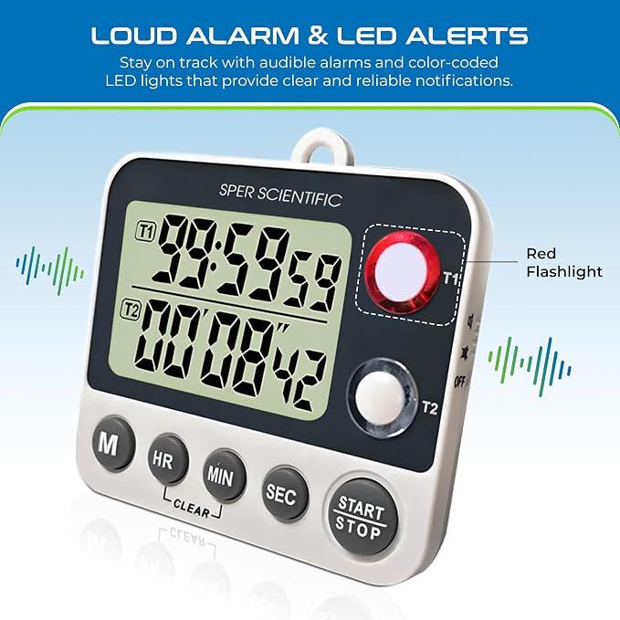 Sper Scientific 2 Channel Digital Lab + Kitchen Timer with Color Coded LED Lights 810002 – Dual Countdown Timer with Large Display, Loud Alarm & Clock Mode - for Cooking, Labs & More