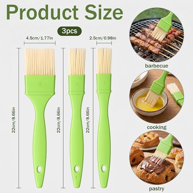 3 PCS Food Brushes for Cooking, 1/1/2 Inch Baking Brush for Cooking Heat Resistant Bristle Basting Brushes with Hang Hole Design for Kitchen Baking Grilling Marinade Butter, Green