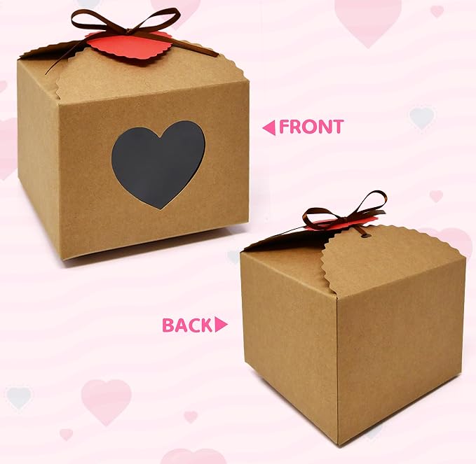 Gift Boutique Heart Gift Boxes 24 Pack Kraft Paper Favor Boxes with Heart Window Ribbon and Tags for Candy Cookies Treats Weddings Showers Party Favors