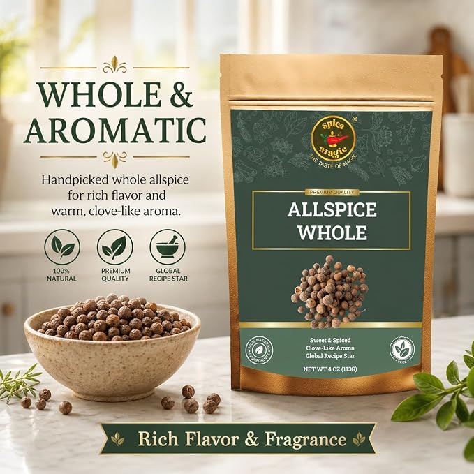 Spice Magic Allspice Whole, 4 oz (113g) - Premium Whole Jamaican Pimento Berries for Savory and Sweet Dishes I 100% Natural, Non-GMO & Freshly packed, ideal for both savory and sweet dishes.