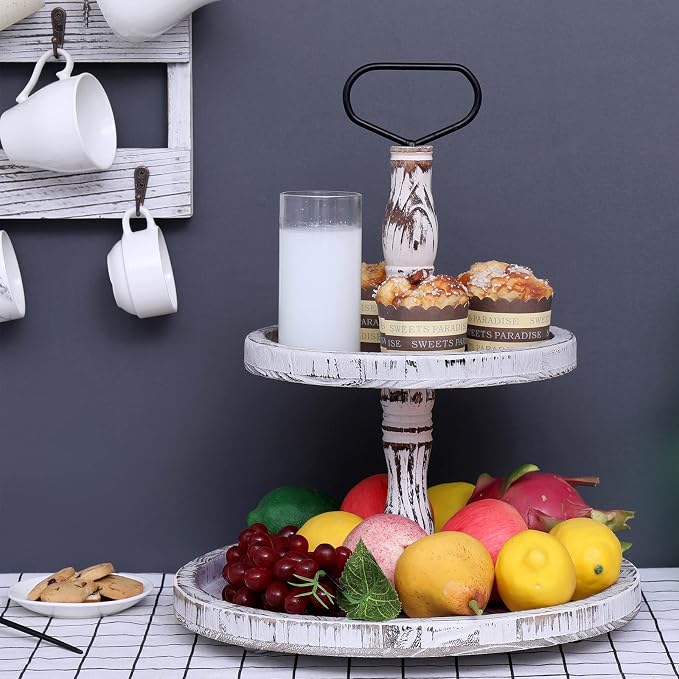 Tiered Tray Two Tier Trays Round Rustic Cupcake Stand,Serving Cakes Holder with Handle for Living Room,Party
