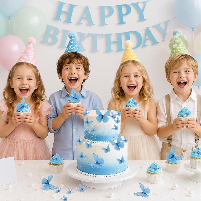 72PCS Edible Butterfly Cake Decorations Edible Butterfly Cake Topper Edibles Blue Paper Butterflies Cupcake Toppers for Wedding Spring Tea Party Flower & Butterflies Themed Birthday Baby Shower
