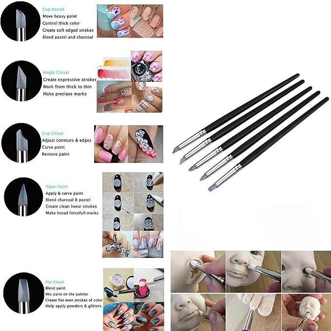 COMIART 5pcs Flexible Clay Sculpture Tools Silicon Color Shapers Brushes Size 2