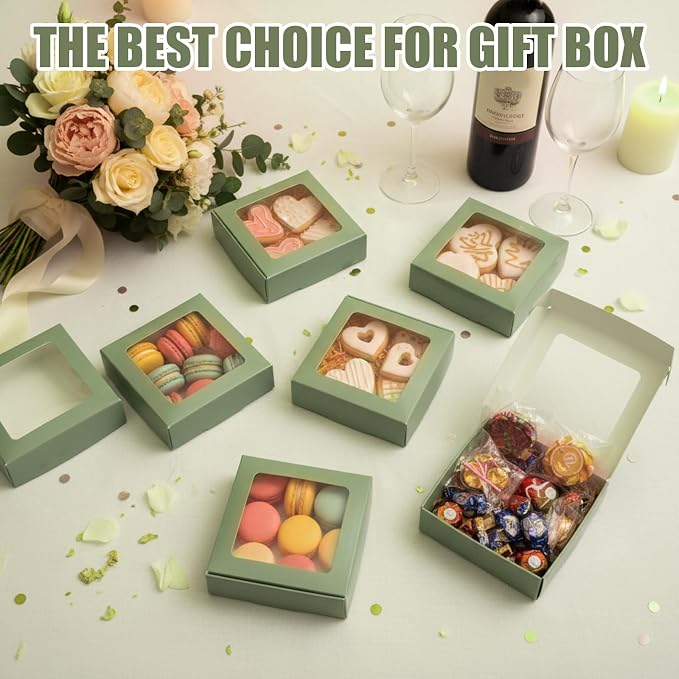 Zonon 60 Pcs Kraft Paper Boxes with Window 4.13 x 4.13 x 1.18 Inch Candy Packaging, Small Gift Boxes, Soap holder, Mini Treat Packaging for Bakery Chocolate Jewelry Display (Sage Green)