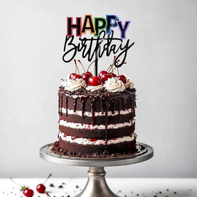 Acrylic Black Happy Birthday Cake Topper, 7.5" x 6" Rainbow Birthday Cake Decoration (Black)
