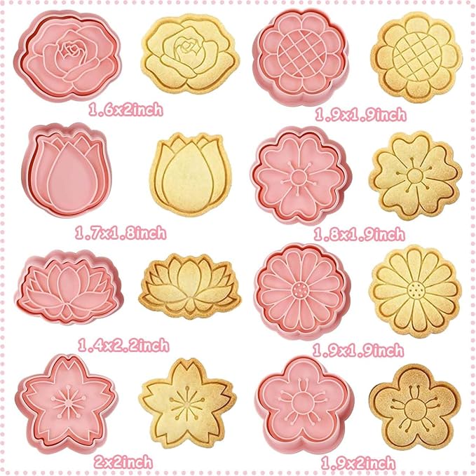 8 Flower Cookie Cutter, 3D Spring Floral Cookie Cutters with Tulip, Daisy, Sunflower, Rose, Cherry blossoms Shapes, Homemake Baking Tools for Mother's Day, Valentine, Holiday DIY Cookies (Flower Head)