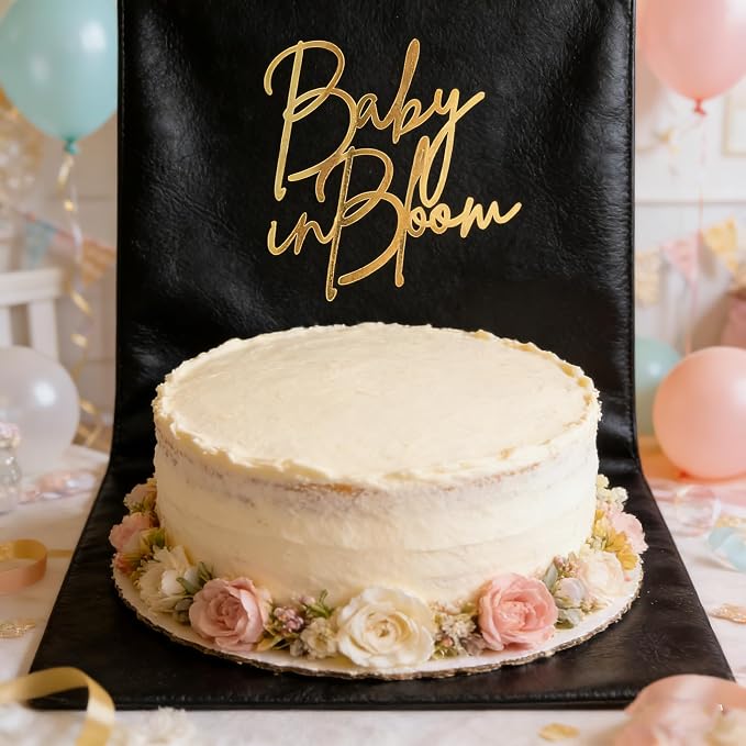Baby in Bloom Gold Cake Topper,Acrylic Baby shower Cake Side Decorations, Gender Reveal Pregnancy Announcement/Birth Announcement/Welcome Baby Decorative Party Supplies