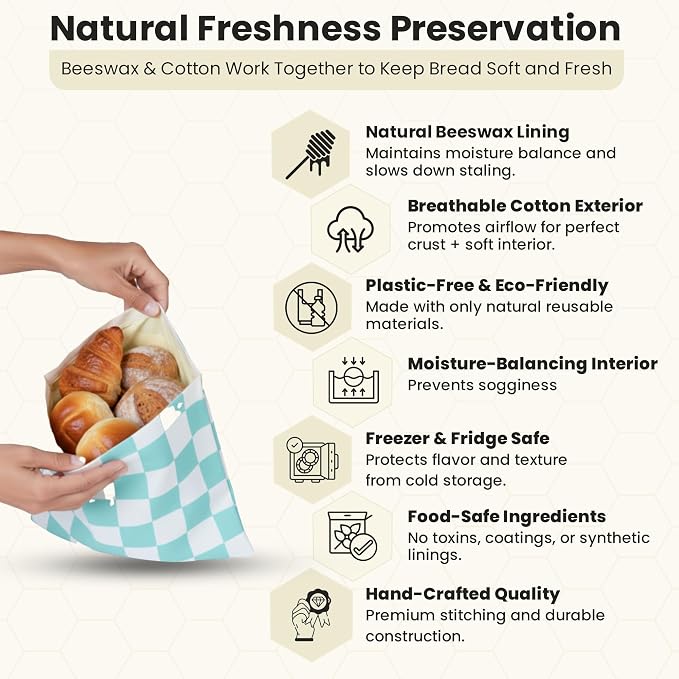 3-Pack Premium Reusable Beeswax Bread Bags (XL, M, S) - Organic Cotton Beeswax Bread Storage Bag for Homemade Bread & Sourdough Freezer-Safe, Breathable & Freshness Support - Eco-Friendly Bread Bag