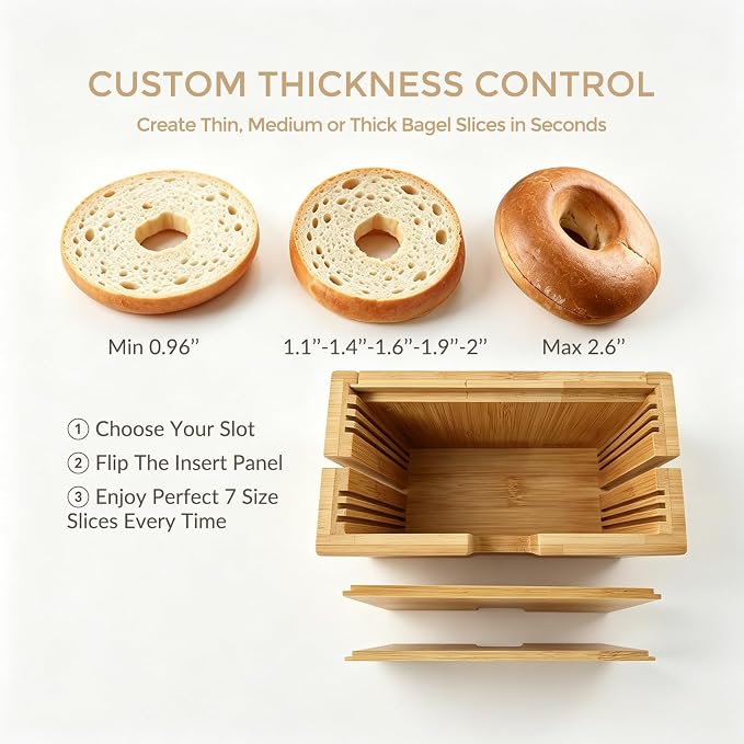 Bagel Slicer Holder, Adjustable Bagel Slicers Cutter with 7 Width Settings | Large Bagel Slicer for Large and Small Bagels, Safe Bagel Cutter Slicer Easy-Clean, Bamboo Bagel Cutter with Non-Slip Base