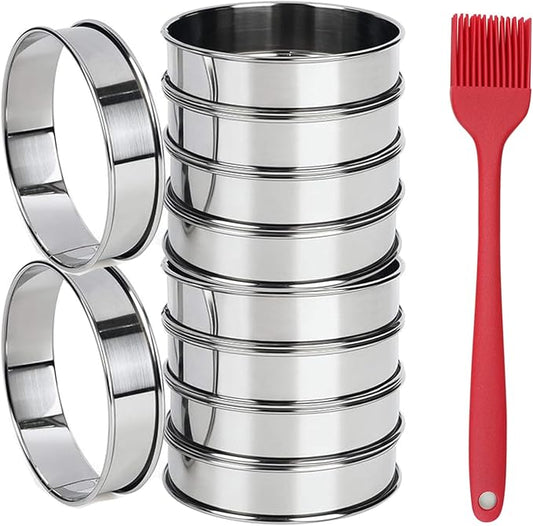 10Pcs Cookie Rings for Baking Cooking English Muffin Crumpet Rings Stainless Steel Round Cookie Double Rolled Tart Molds for Kitchen Baking, 4+3.35 Inch