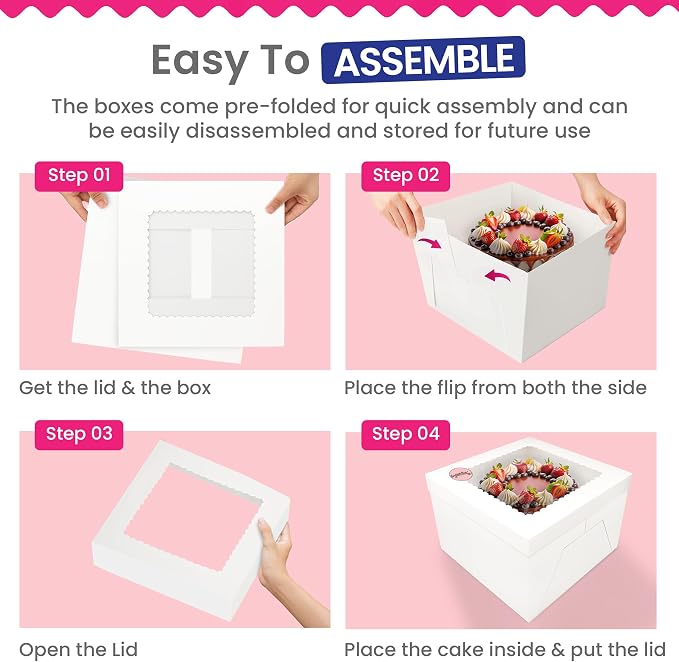 RICCLE 15pcs Cake Boxes, 12x12x8 Inches Tall Cake Box with Window, Large White Bakery Boxes, Baking Boxes, Square Cardboard Cake Box for Multi-Layer Cakes, Cake Decorating Supplies