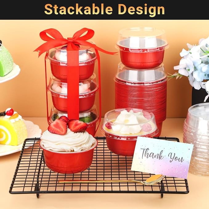 Beasea Disposable Baking Cups With Lids, 100 Pack 6.1oz 180ml Aluminum Foil Ramekins Round Baking Mini Cupcake Oven Cups for Party - Red