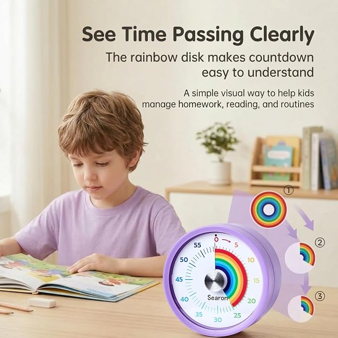 Searon Magnetic Visual Timer for Kids — 3.15" 60-Minute Rainbow Dial Timer for Homework, Study & Morning Routines, Silent LED Mode, Pause Function for ADHD, Kitchen, Cooking & Baking (Purple)