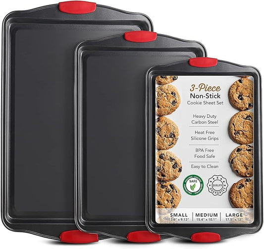 Eatex Nonstick Baking Sheet Set, 3-Piece Baking Pans Set with Silicone Handles, Carbon Steel Cookie Sheets for Baking, Commercial Grade Quality Oven Tray, Quarter/Jelly Roll/Half Sheet Pans for Baking