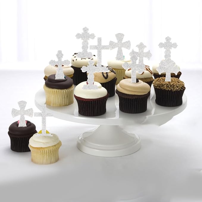 60 PCS Edible Cross Cupcake Toppers Wafer Paper God Bless and Baptism Cupcake Picks Edible Christian Baptism Cross Cake Decorations for Religious Theme Baby Shower Birthday Party Supplies Silver
