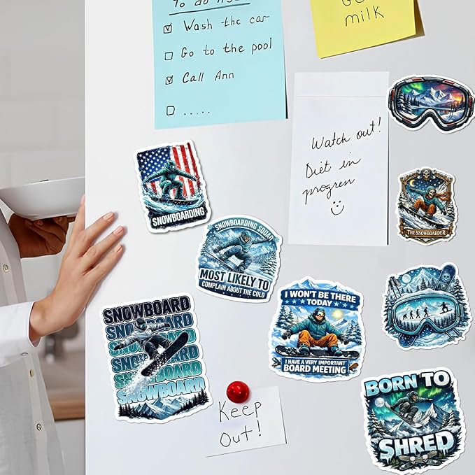 10pcs Snowboarding Stickers Gifts for Snowboarders Ski Lovers Multiple Different Design, Waterproof UV-Resistant for Water Bottle, Laptop, Window, Car