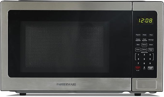 Farberware 1.1 Cu. Ft. Countertop Microwave Oven – 1000 Watts Power, Auto Cook Settings, Defrost, Easy Clean and Child Safety Lock - Stainless